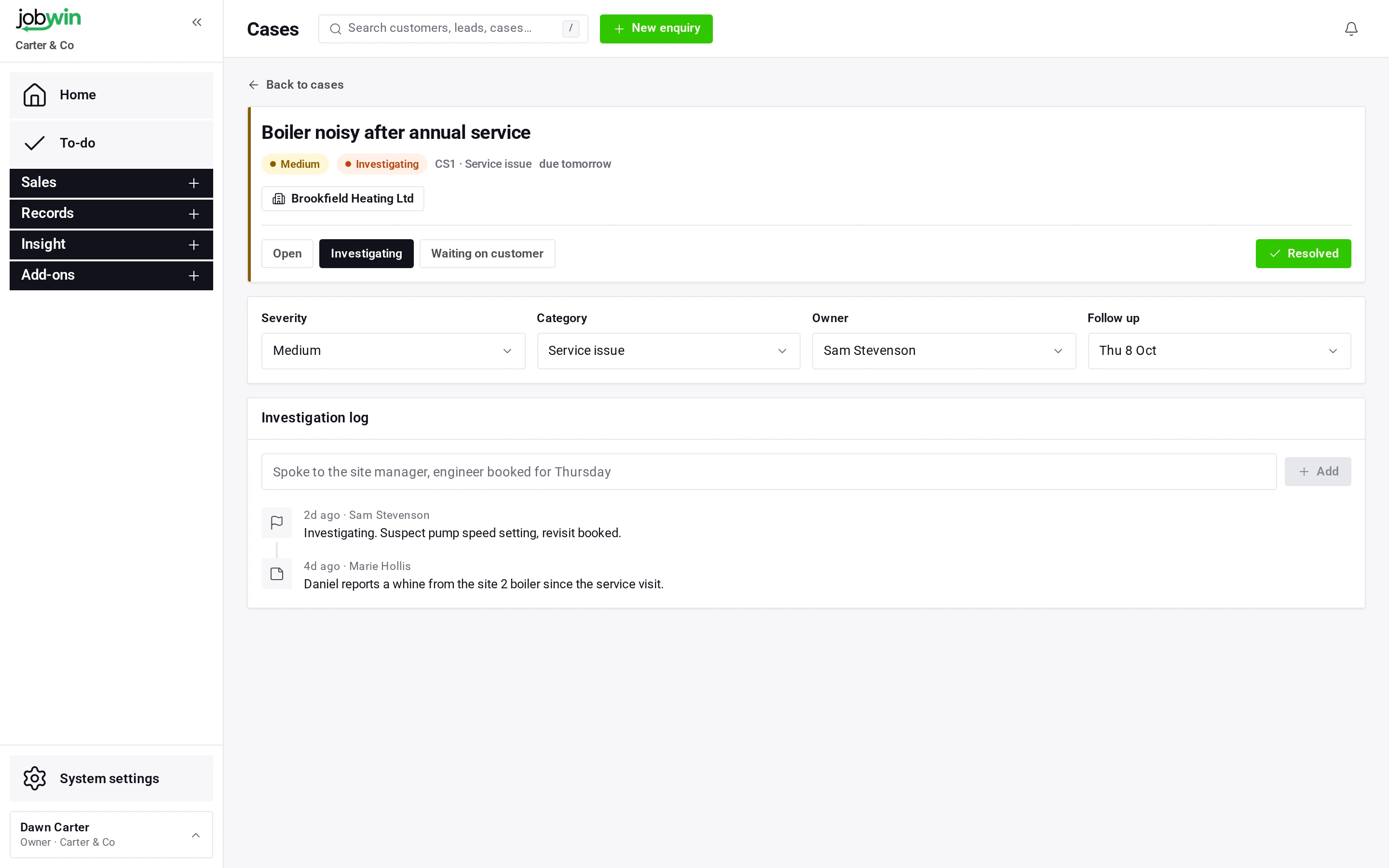 A jobwin case for a service issue, with its severity, category, owner, follow-up date and investigation log