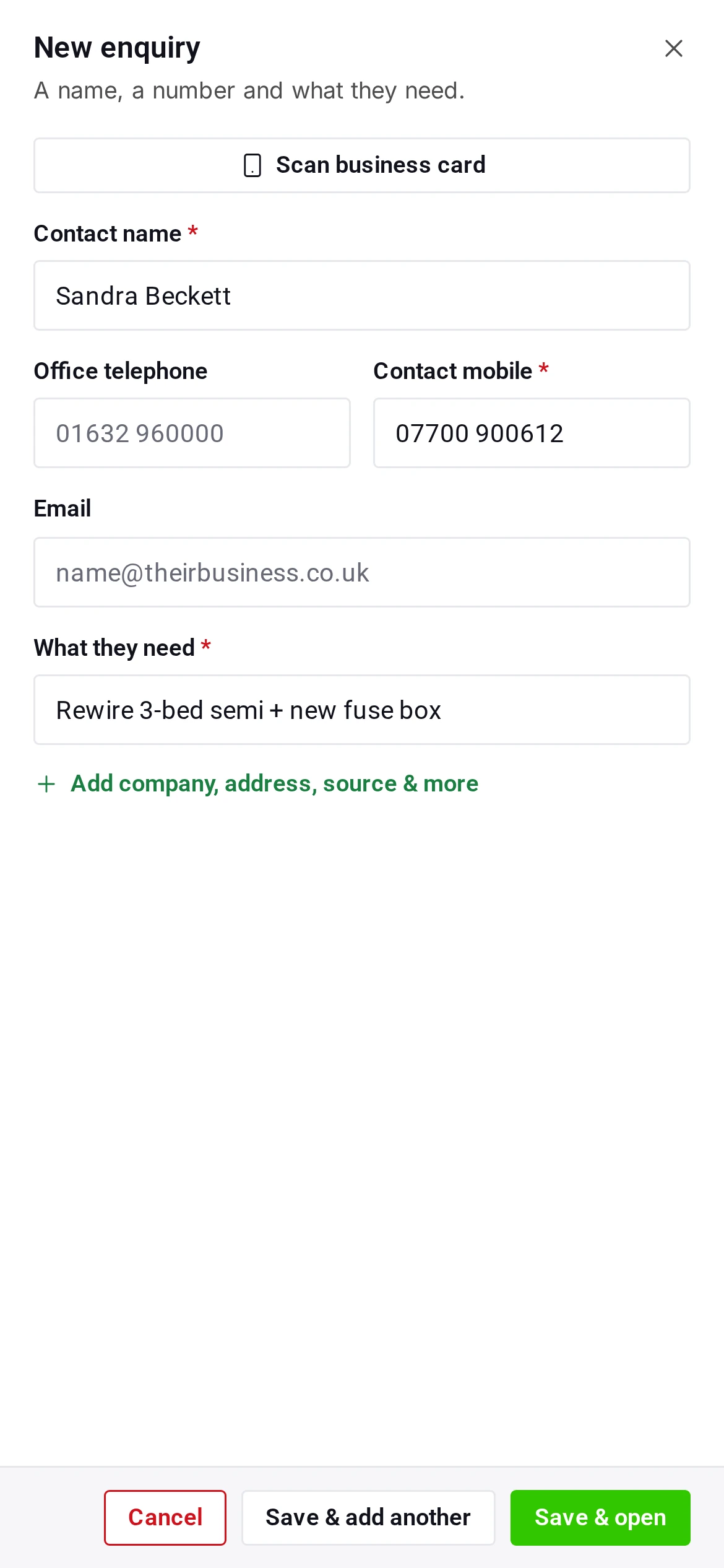 The New enquiry form on a phone, filled in with a contact name, a mobile number and what they need.