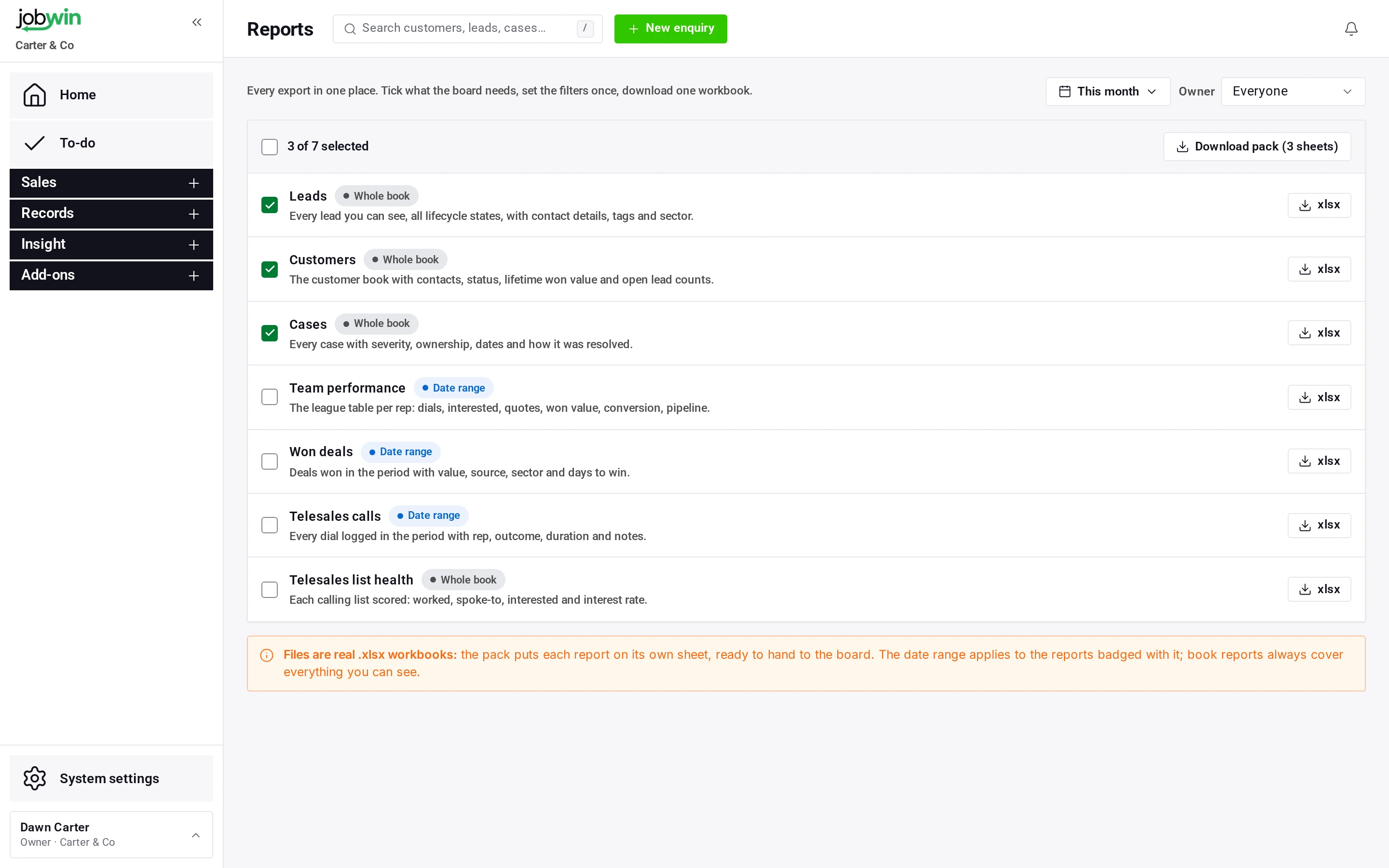 The Reports screen listing the reports to include in one workbook