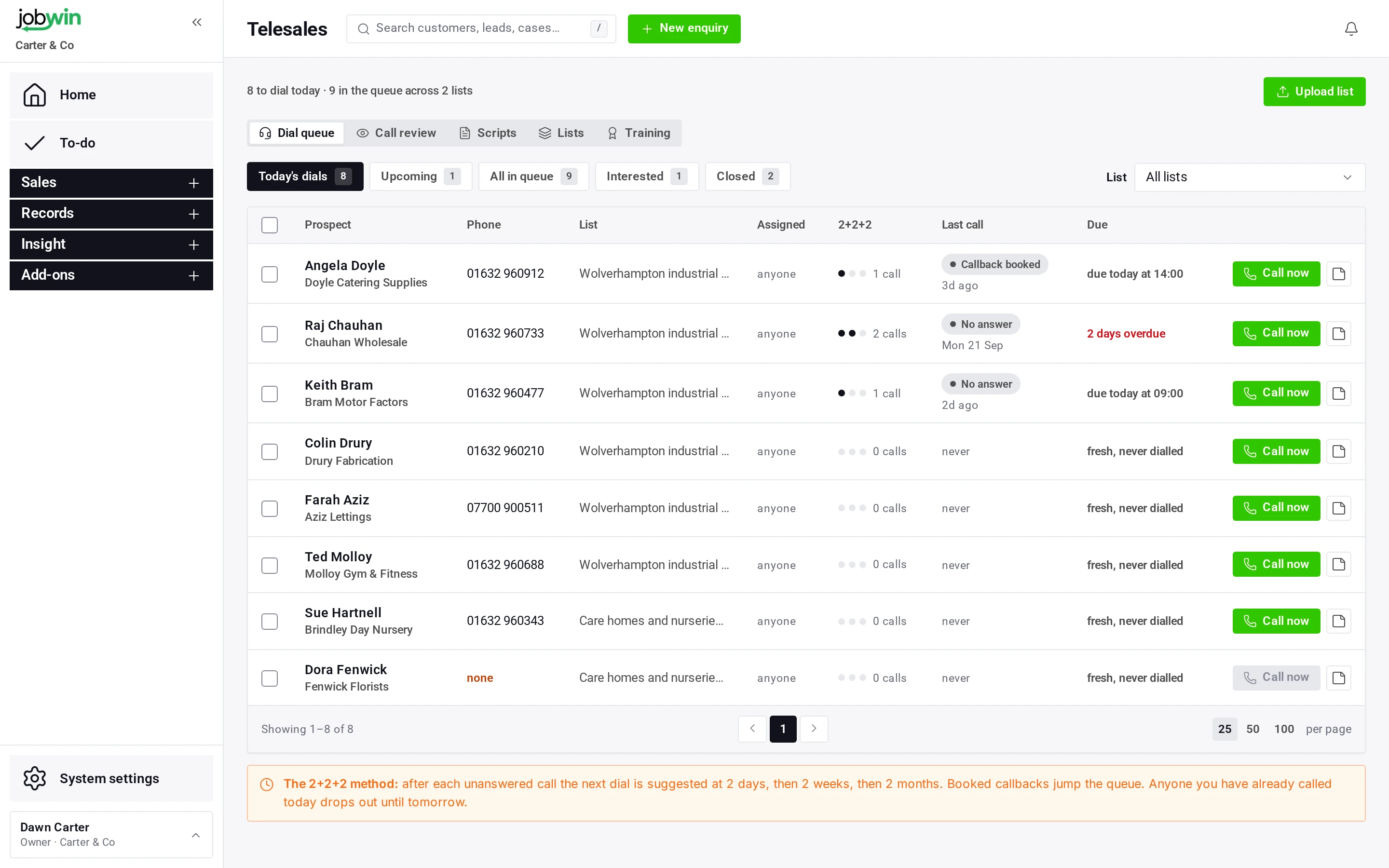 The jobwin Telesales dial queue: today’s dials with each prospect’s company, phone number, list and when they were last called.