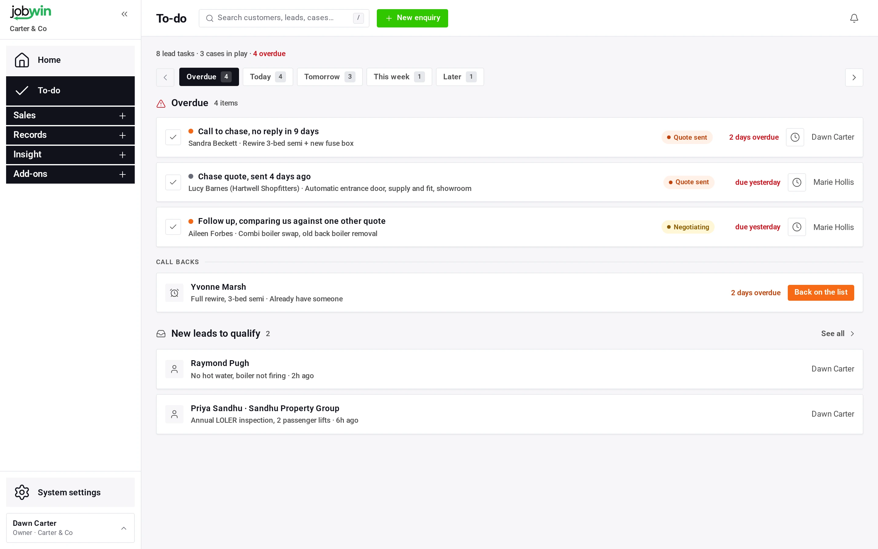 The To-do list on the Today tab, with each lead’s next action and when it is due